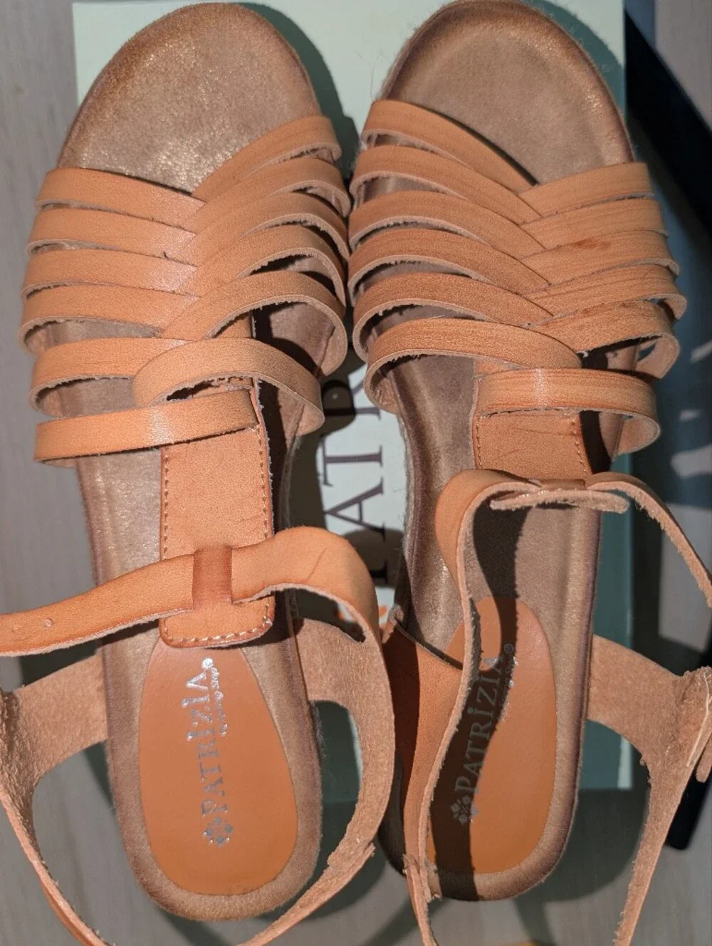 Patrizia Cognac Faux Leather Studded Espadrille Wedges.